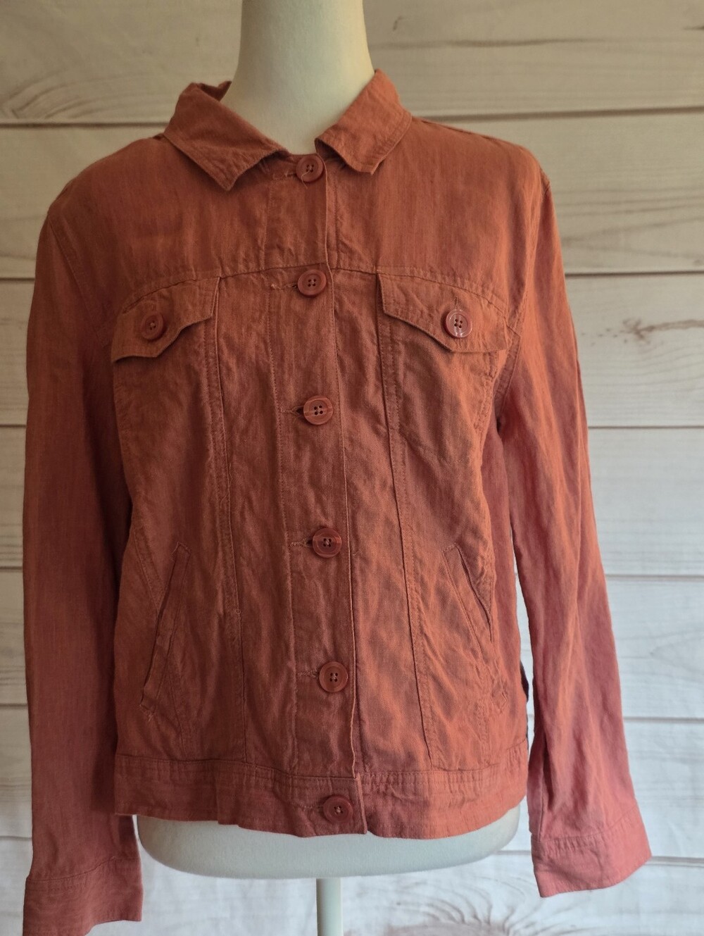 Linden Hill Button Front 100% Linen Jean Style Jacket in Rust Red Size Large - Picture 2 of 5